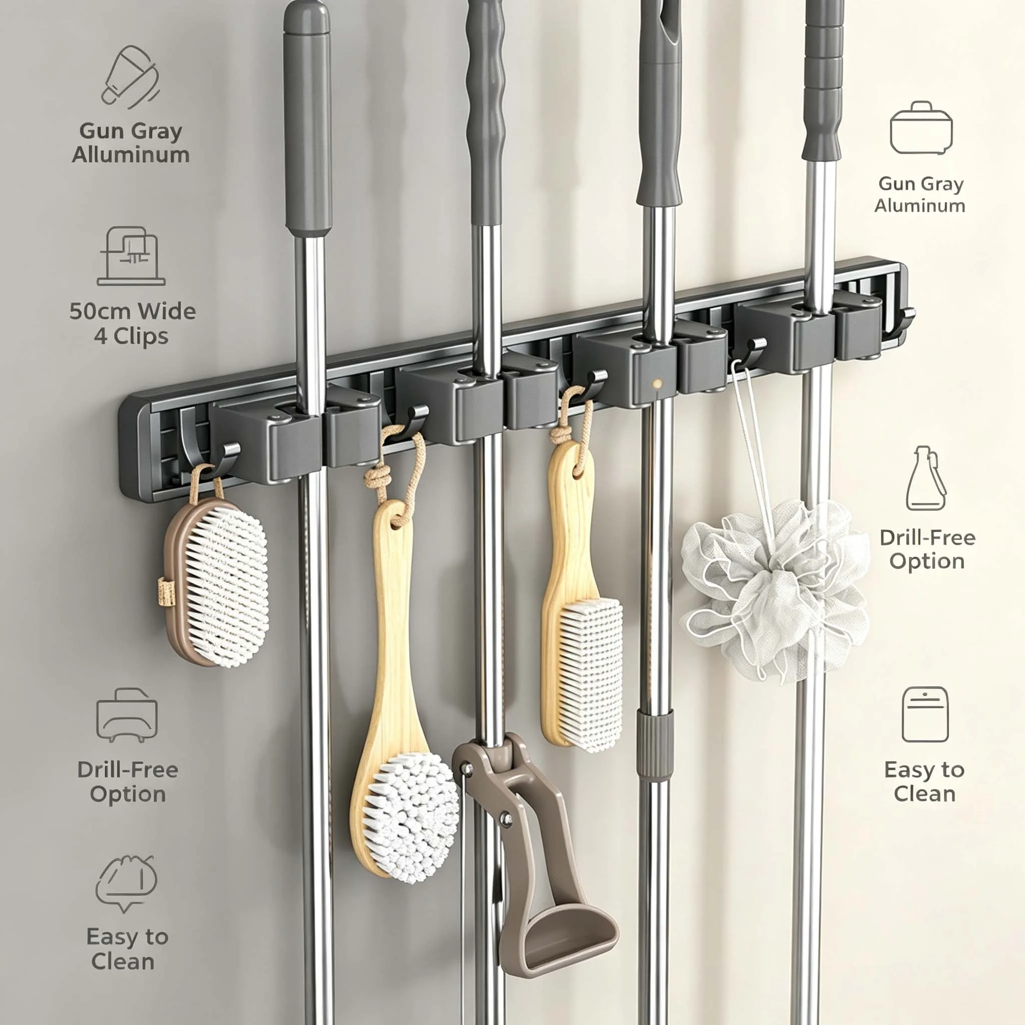 Wall Mounted Mop Holder Punch Free Broom Gripper Hooks Household Bathroom Cleaning Tool Rack Heavy Duty Self Adhesive Stainless Steel Organizer Kitchen Garage Garden Mop Rake Hanger Stand Home Care Kit Set Plus Pro Safe Fast Easy Daily Life Best Top Pure - view 3