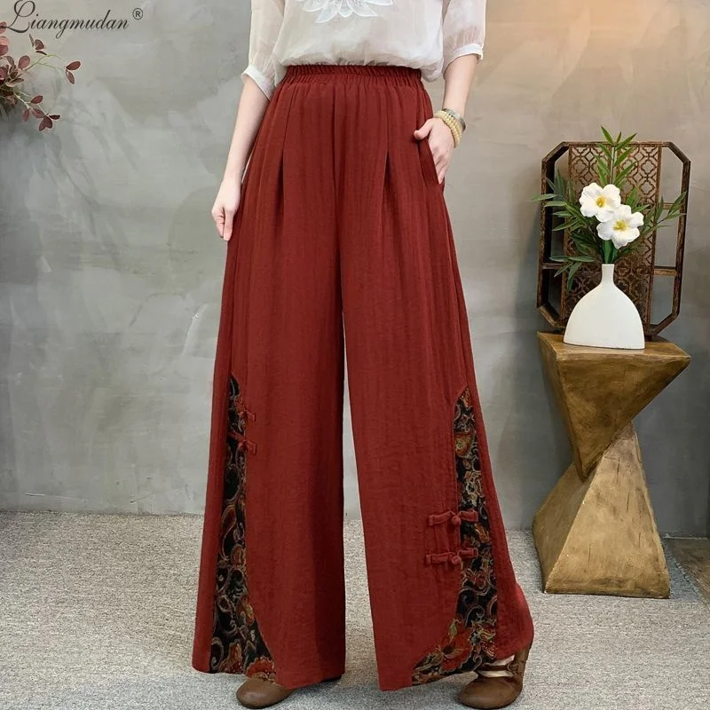 

plus Size Women's Casual Cotton Linen Pants Wide Leg Straight Cut Harlan Summer New Style Artistic Commute Style Natural Waist