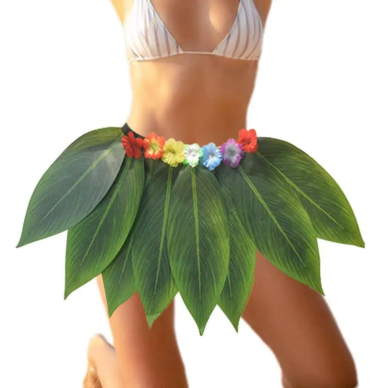 Green Leaf Skirt Soft Elastic Hawaiian Green Leaf Grass Costume Elastic Cloth Kids Skirt For Prom Beach Summer