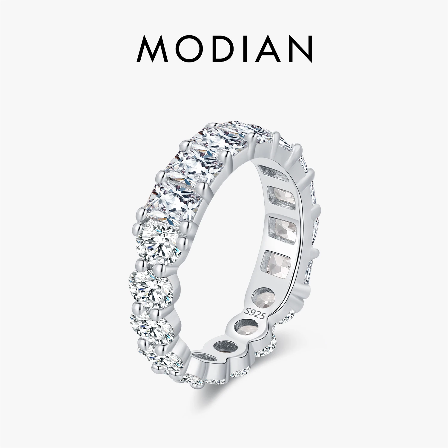 MODIAN 925 Sterling Silver Sparkling Oval And Rectangle CZ Fashion Eternity Band Ring For Women Wedding Engagement Fine Jewelry