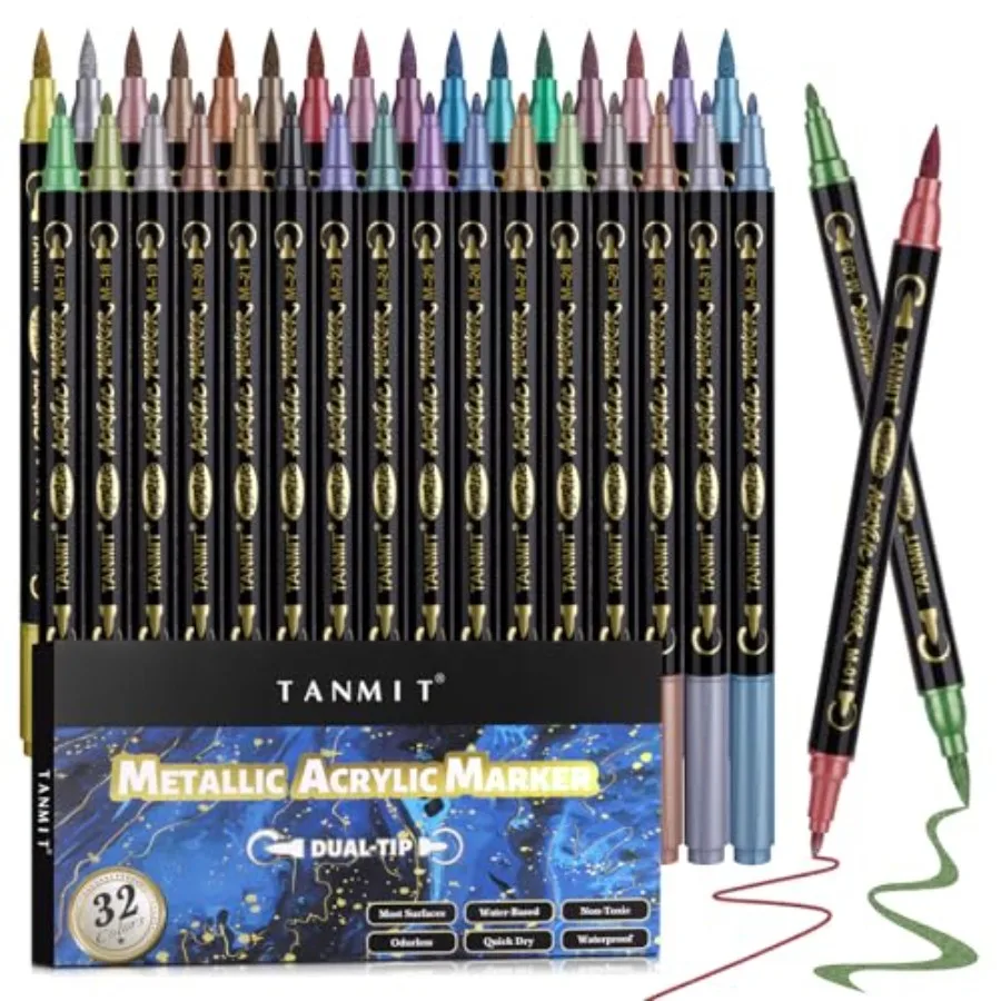 32 Colors Metallic Marker Pens, Dual Tip Acrylic Paint Pens Markers for Black Paper, Scrapbooking, Rock Painting, Wood, Canvas,
