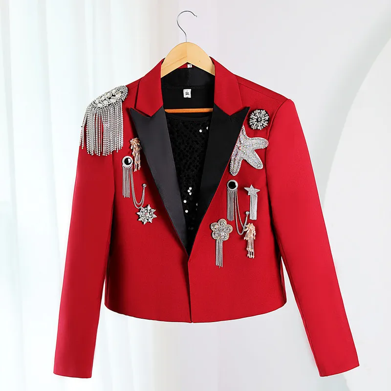 

Men's Epaulet Embroidery Rhinestone Chains Casual Blazer Short Coat Street Style Bar Singer Drummer Band Performance Costume