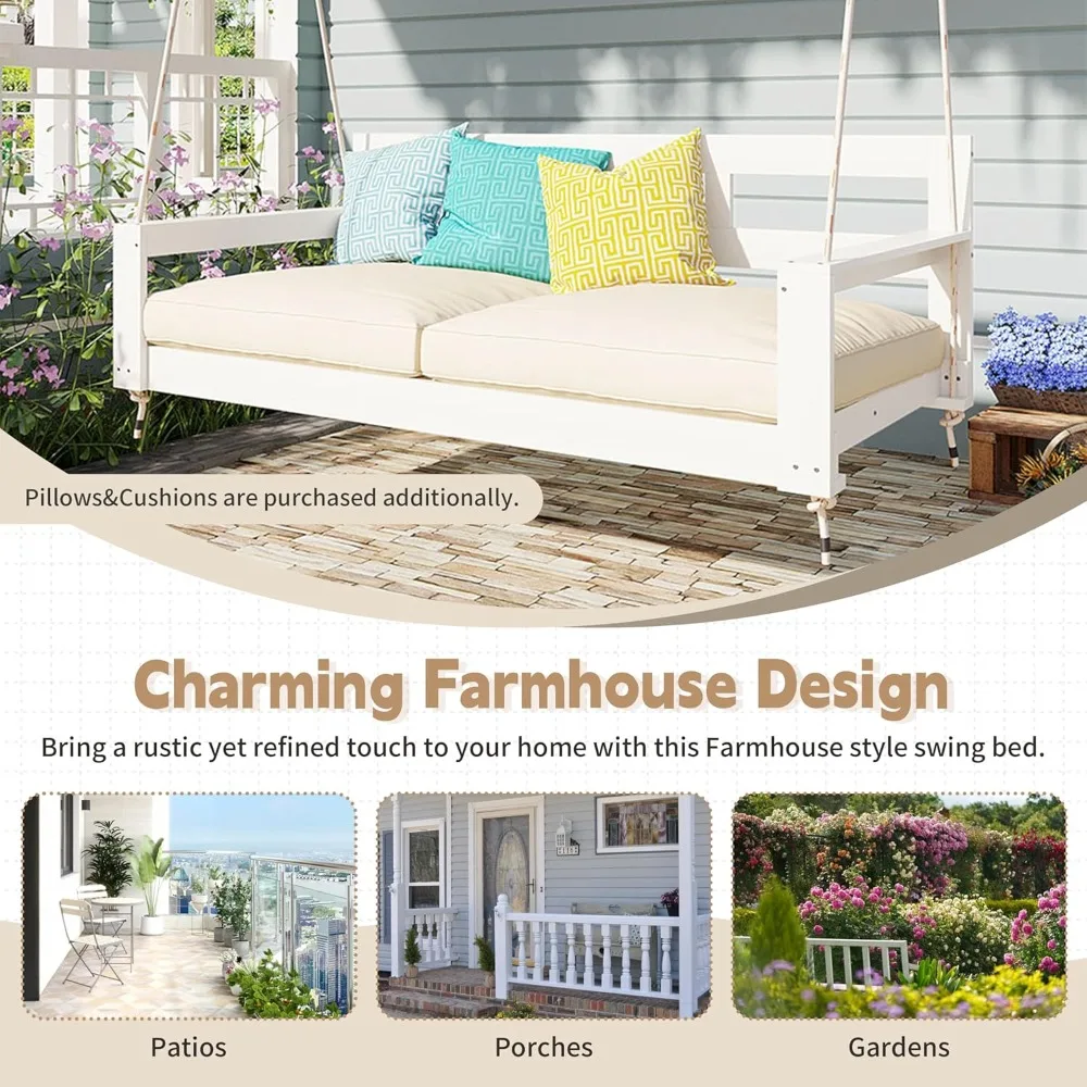 إطار سرير نهاري متأرجح للشرفة بحجم مزدوج، كرسي أرجوحة للشرفة الخارجية، مقعد معلق مع 4 حبال معلقة للحديقة والفناء الخلفي #4