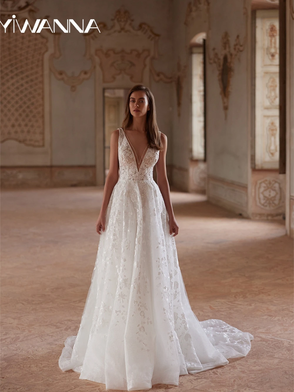 

Beaded Lace Appliques A-line Long Wedding Dress Sexy Deep V-neck Tank Sleeve Bridal Gown Customized Elegant Dresses For Bride