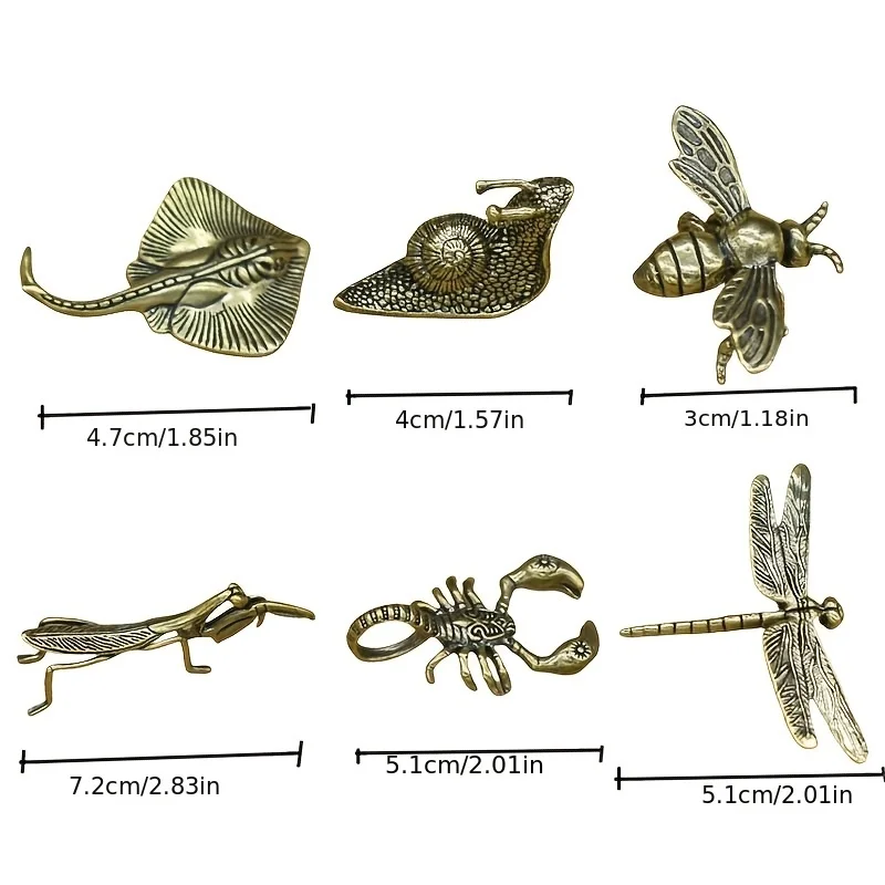 Set of 6 solid vintage brass multi-style ornaments, creative sculptures of animals and plants