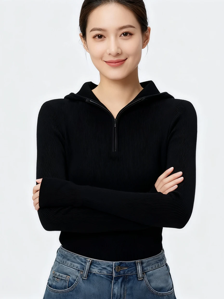 

Spring Knitted Sweater Women's Slim Fit Hooded Base Layer Shirt Casual Style Polyester Fiber Long Sleeve Zipper Design