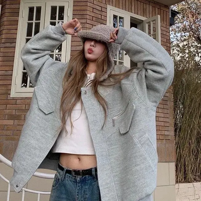 

Woman Denim Jackets Autumn New Women'S Coat Harajuku Fashion Sweet Ladies Button Front Pocket Pure Simple Basic Style Long