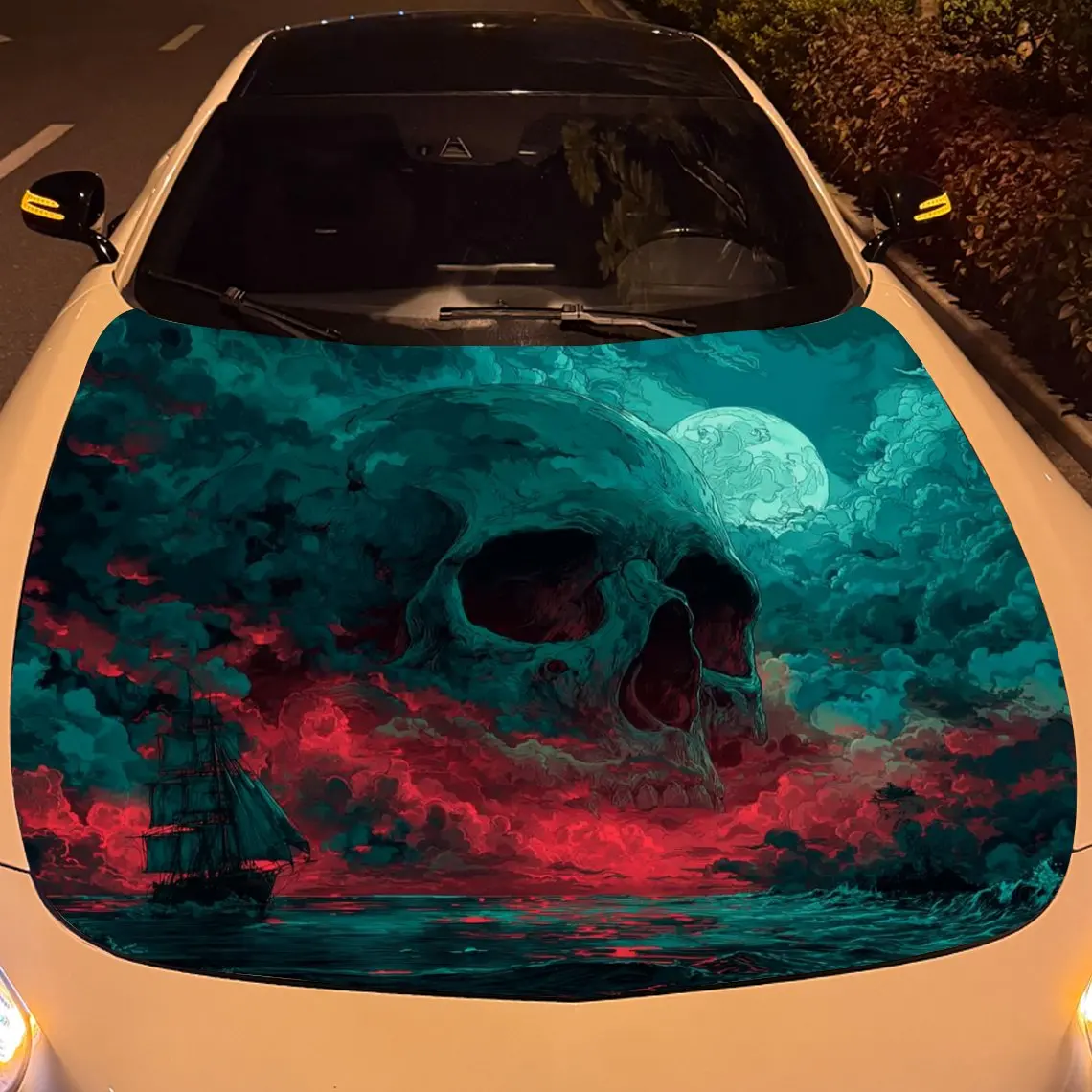 Nether Sea Skull Red Moon Lone Boat Car الفينيل التفاف، المواد البلاستيكية مقاوم للماء ملصق غطاء السيارة، ذاتية اللصق مقاومة للخدش St