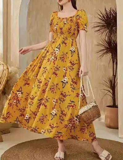 

Summer Slim Fit High Waisted Bubble Sleeve A-Line Dress Ladies' Elegant Short Sleeved Flower Printed Square Neck A-Line Dress