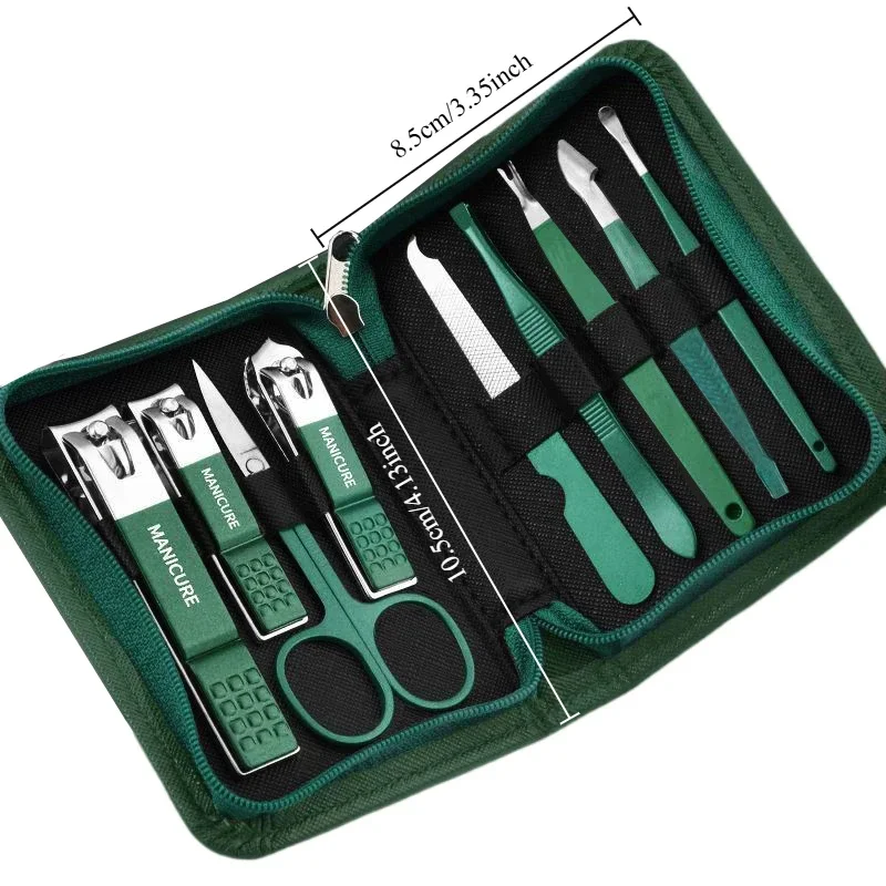 Juego de manicura verde de 9 Uds con Funda de cuero, kits de herramientas profesionales para el cuidado de los pies y la cara, cortaúñas de acero inoxidable, regalo para uñas