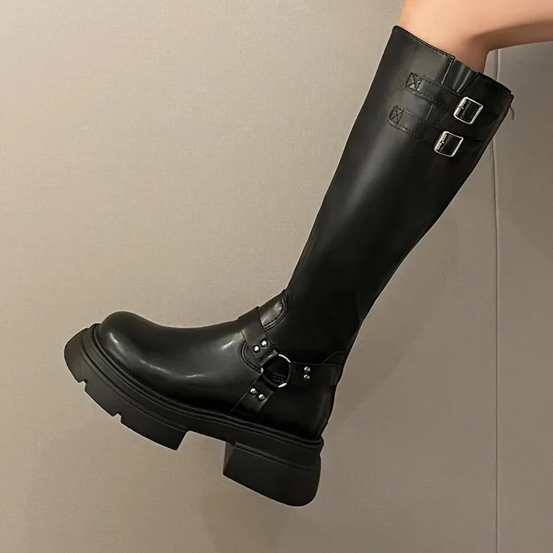 

Fashion Platform Boots for Women Luxury Casual Leather Boots Designer Belt Buckle Womens Knee High Knight Boots Botas Para Mujer