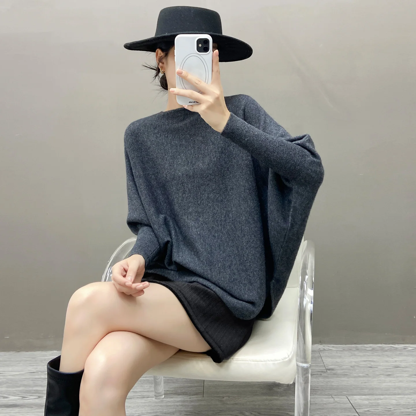 

Autumn/Winter New Women's 100% Pure Cashmere Pullover Casual Solid Knitted Sweater Loose One Word Neck Bat Tops Warm Jumper