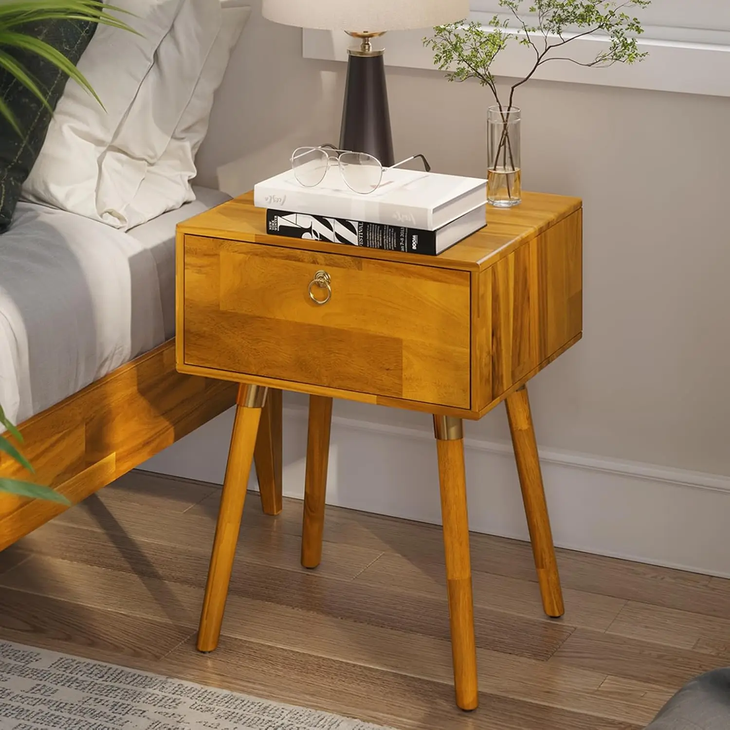 

Solid Wood Nightstand/Side Table/End Table, Fully Assembled, with 1-Drawer for Mid Century Bedroom