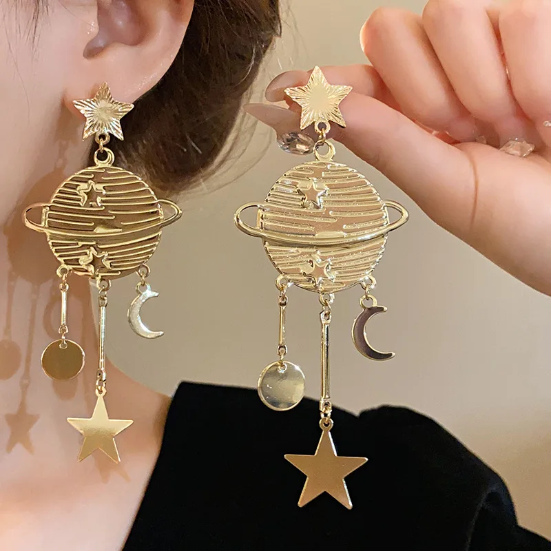 New Trendy Planet Earrings Star Moon Long Tassel Dangle Earrings for Women Exaggerated Wedding Party Jewelry