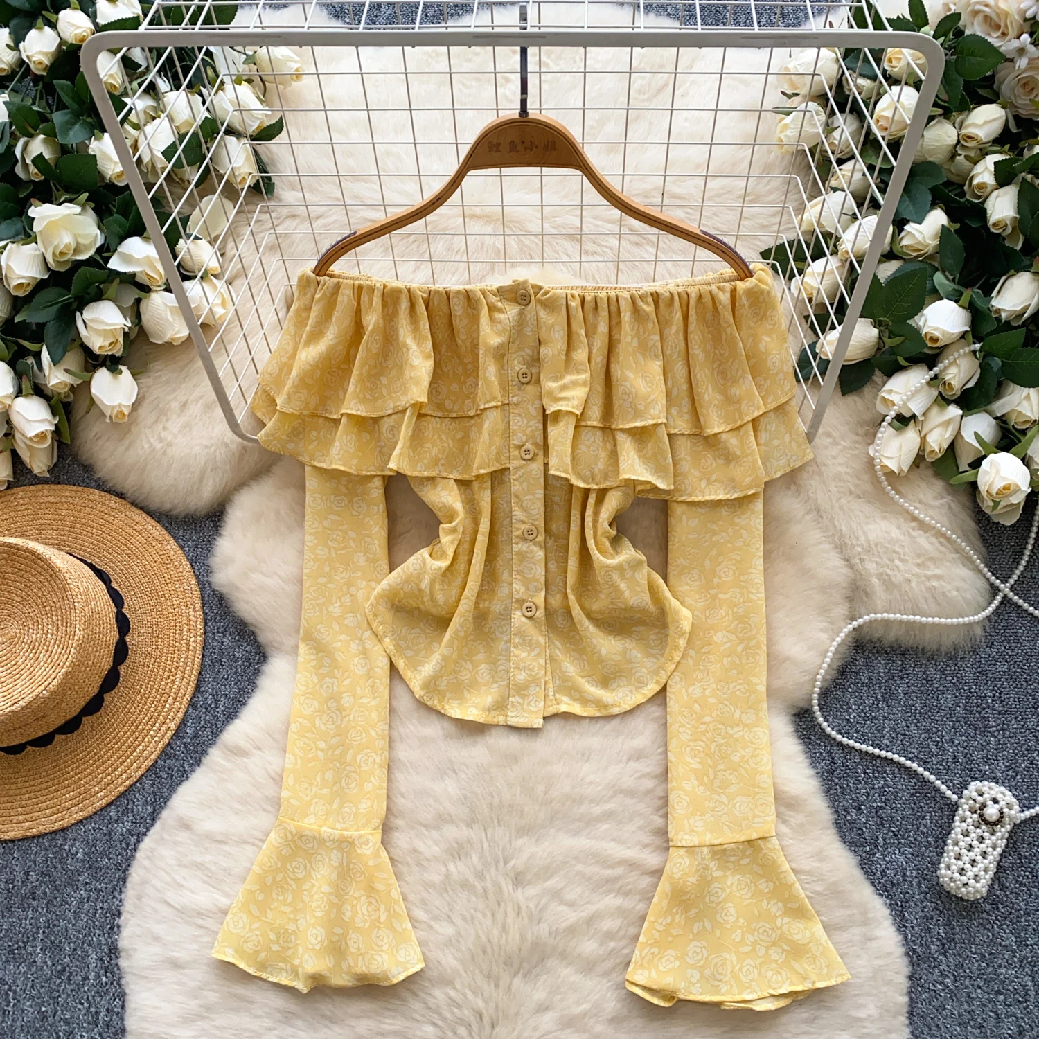 Y2k Goth Spice Girl chic ruffle button print pleated long sleeve T-shirt Women Shirt Female Slim Tops women clothing