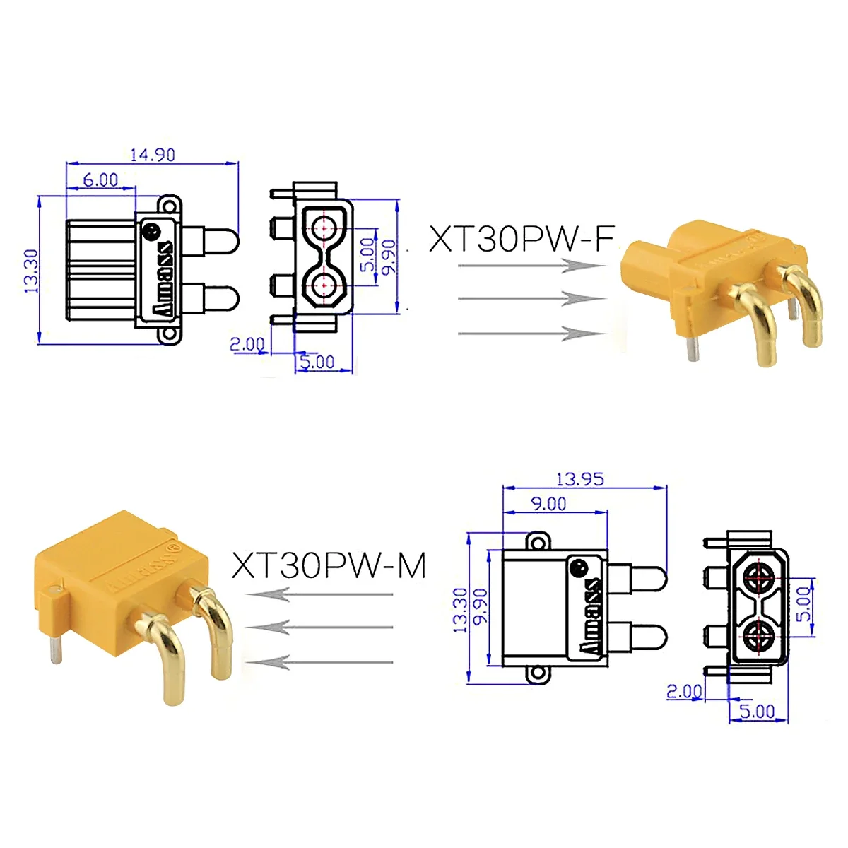 5  Pairs Amass XT30PW  Connector Plug Male and female Upgraded Female & Male Heat Shrink Gold Plated For RC Parts