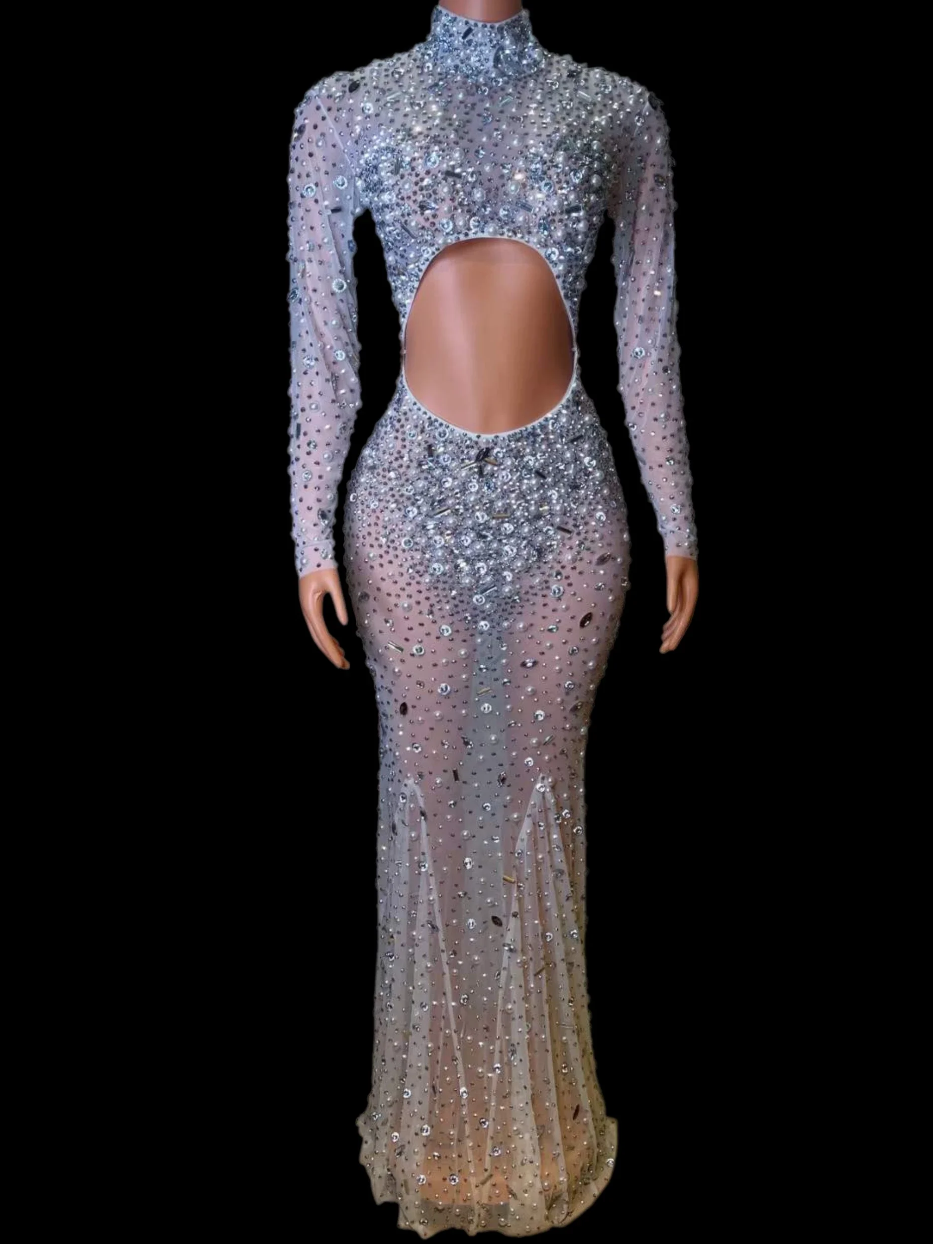 Full Rhinestone Pearl Women Long Dress Evening Wedding Birthday Queen Dresses Sexy Stage Wear DS Gogo Club Luxury White Outfit