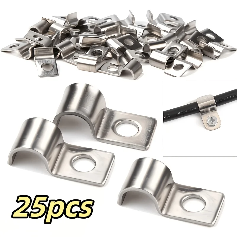25Pcs Silver Cable Clamps, Metal Pipe Clamps, Stainless Steel Single-Hole U-Shaped Fixing Clamps