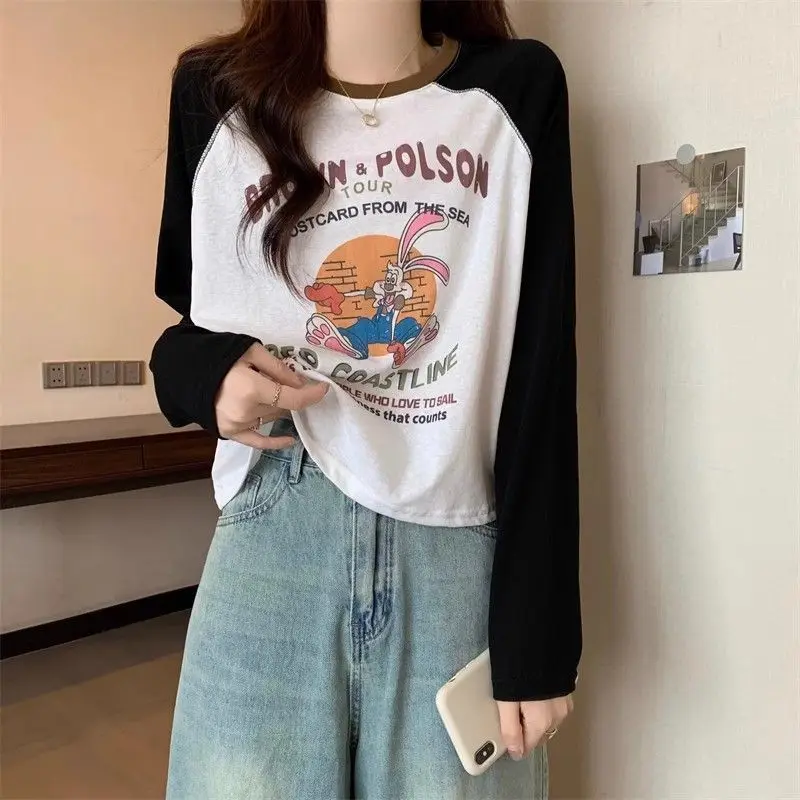 Retro Raglan Sleeve Letter Printed Round Neck Long Sleeve T-Shirt Women's Loose Versatile Design Top