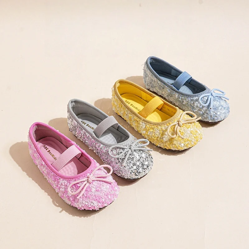 2026 Autumn Girls Mary Janes Pink Beaded Glitter Flats Soft Sole Elastic Dress Shoes for Princess Party
