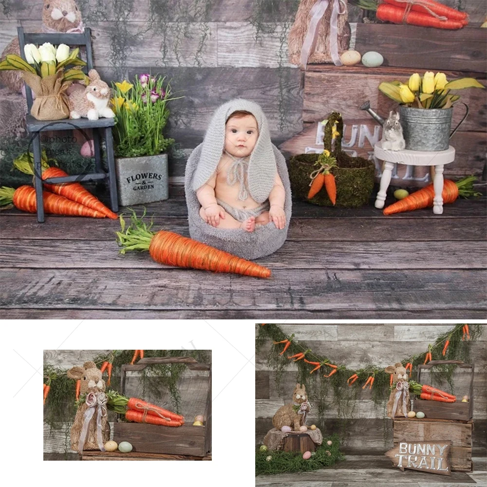 

Easter Backdrops for Photography Decoration Bunny Wooden Board Carrot Eggs Rabbit Newborn Baby Children Photo Photograpic Props