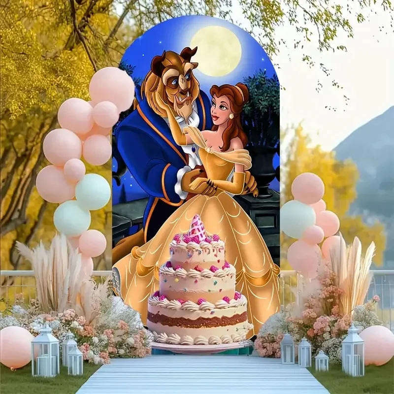 لافتة خلفية على شكل قوس للأميرة من Beauty and The Beast لأعياد ميلاد الفتاة #2
