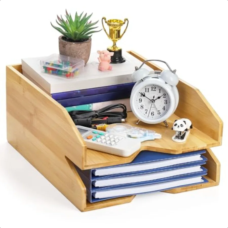 

2 Tiers Paper Tray 14 x 11 in Bamboo Letter Tray Office Desk File Holder Large Mail Document Organizer Study Workstation Storag