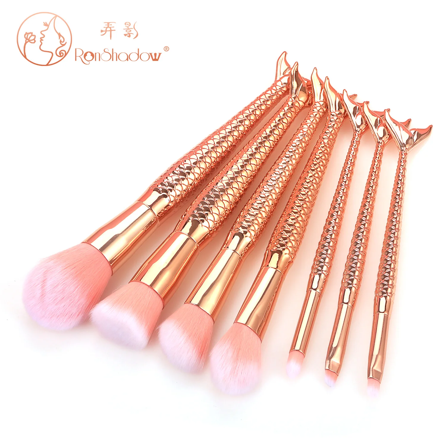 7Pcs Rainbow Mermaid Tail Makeup Brushes, Large Powder Blush & Eyeshadow Detail Brushes, Starter Beauty Cosmetic Kit