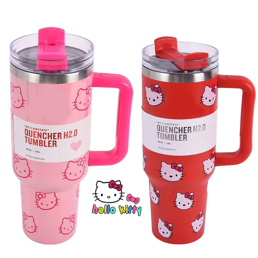 New Hello Kitty 40Oz Stainless Steel Big Mac Ice Cup Sanrio Kawaii Cartoon Colored Car Straw Double-Layer Insulated Cup Gift Toy