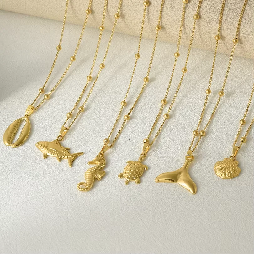1Pc Temperament Fashion Summer Beach Blue Marine Life Sea Horse Shell Turtle Mini Fish Bead Necklace Classic Clavicle Chain