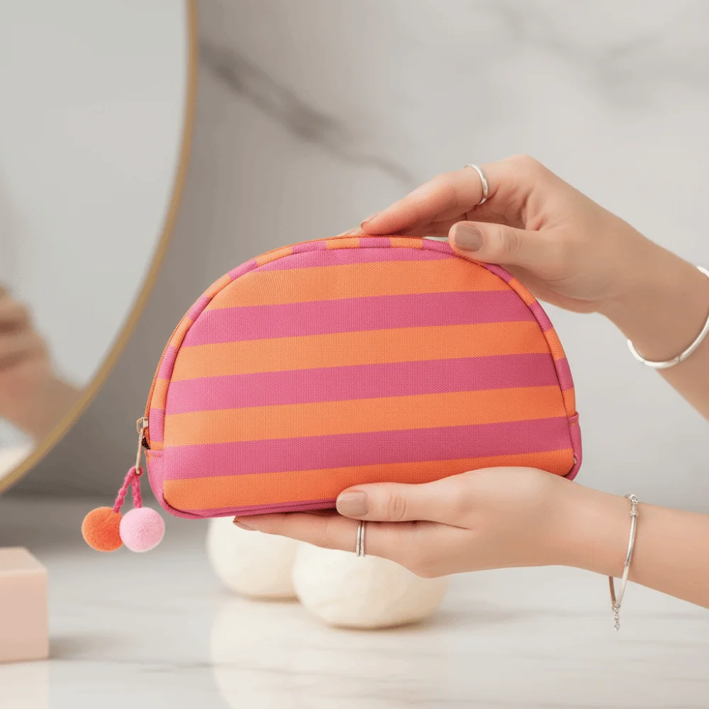 Durable Striped Cosmetic Bag Contrast Color Pom-pom Tassel Shell Shape Pouch Washable Fabric Multipurpose Storage
