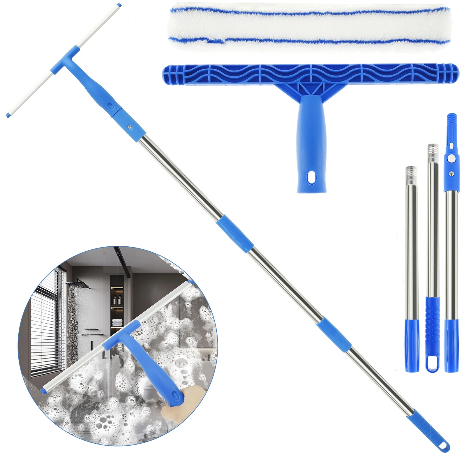 3 in 1 Glass Brush Windows Cleaner Squeegee with 53in Long Hand Professional Household Window Water Stain Cleaning Tool for Bath