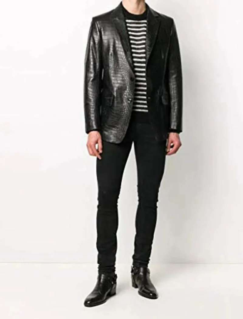 Men Croc-effect Leather Jacket Leather Blazer for Men Suit Leather Coat European and American Fashion Trend