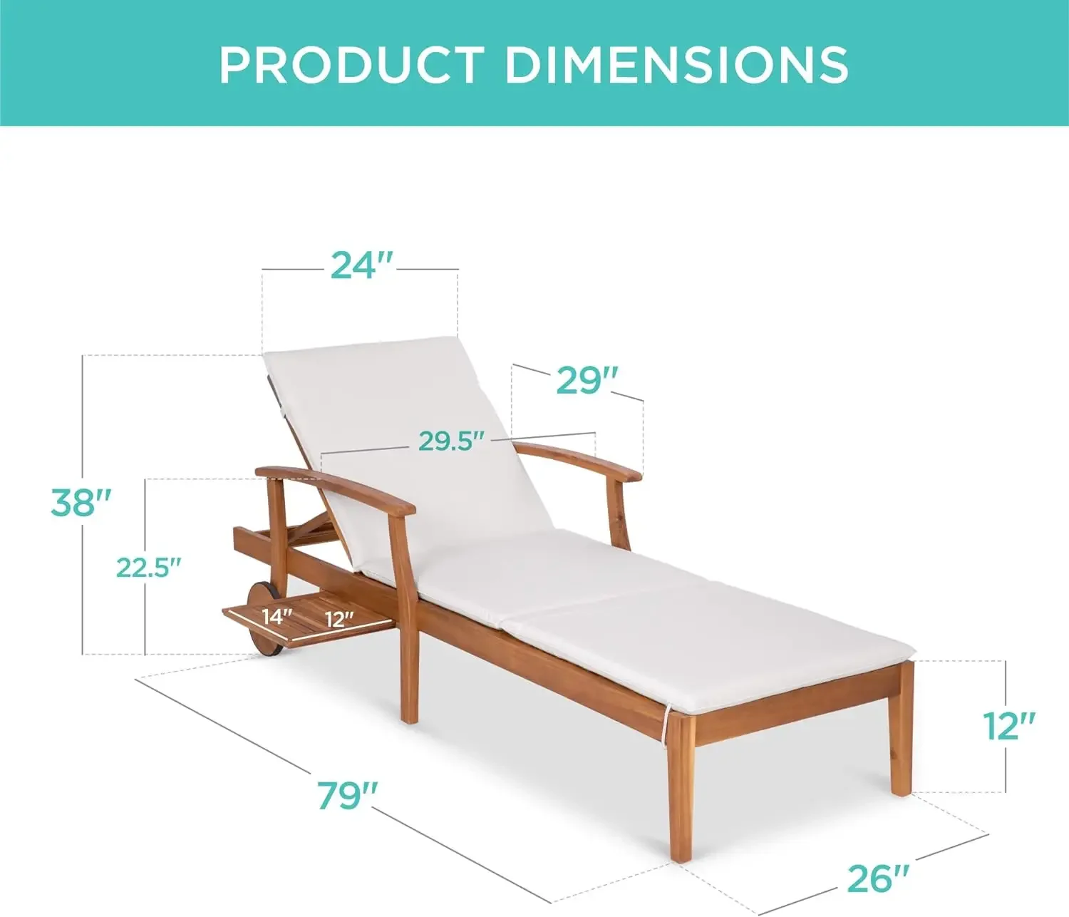 Chaise longue en bois d'acacia avec table d'appoint market, chaise inclinable, meubles d'extérieur pour la piscine, 79x26 po