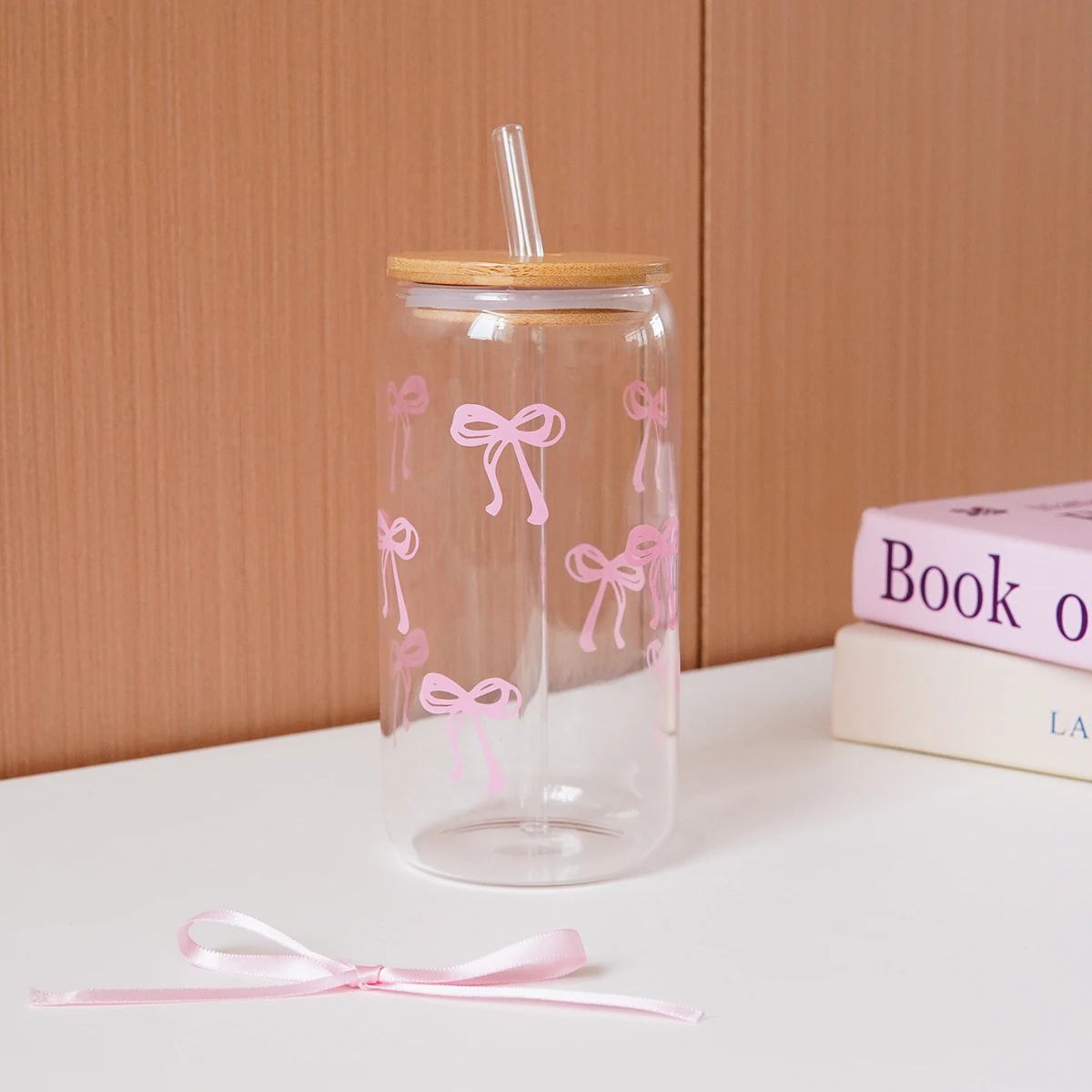 1/2/4/6Pcs Glass Cups with Bowknot Print, with Lid and Straw, Exquisite and High-End Bowknot Glass Cups, Suitable for Home Decoration, Daily Household Drinking Cups, Outdoor Picnic Cups, Party Cups, Breakfast Milk Cups, Gift-Giving Items