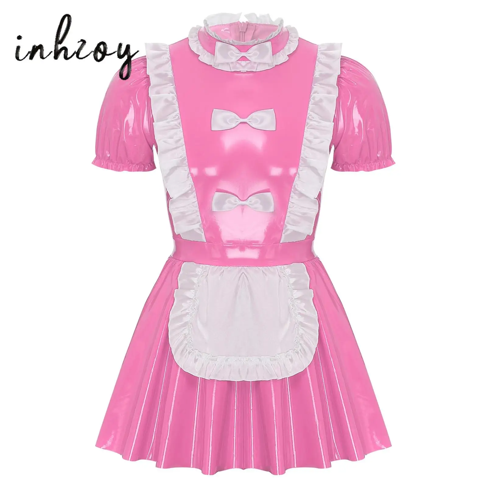 

Gay Mens Shiny PVC Leather French Maid Costume Ruffle Lace Apron Maidservant Dress Halloween Housekeeper Uniform Fancy Dress Up