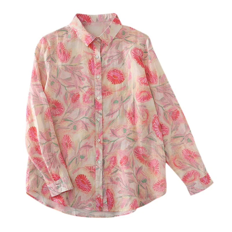 Women Cotton Linen Floral French Artistic Print Shirt Top For Autumn Casual Button Long Sleeve Pink Blouse Korean Style Clothes