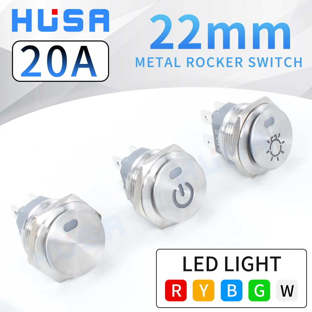HUSA 22mm Metal Button Rocker Switch Stainless Steel 12V 20A Self-locking Two Positions Car Toggle Switches ON-OFF 220V 15A