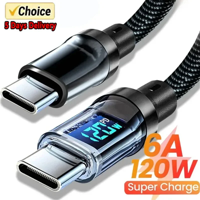 6A USB Type C Cable PD Cable Fast Charging 120W LED.Digital Display Nylon Data Cord for iPhone Xiaomi Samsung USB C Charge Cable
