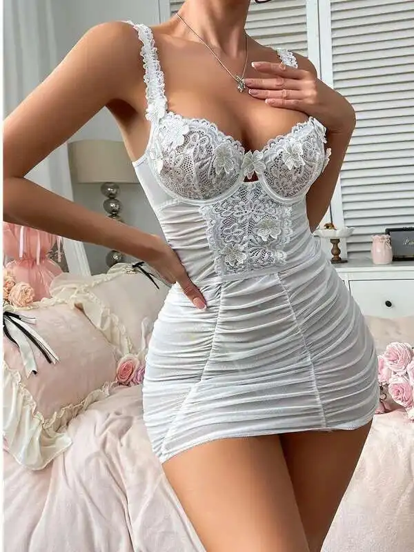 새로운 섹시한 캐미솔 드레스 꽃 레이스 패치 워크 꽃 자수 끈 팬티 백리스 딥 V 멜빵 민소매 드레스 아름다운 MVPF