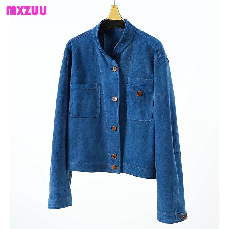 High-Grade Blue Real Suede Jacket for Women Autumn Fashion Mandarin Collar Single Breasted Slim Short Natural Sheepskin Coat