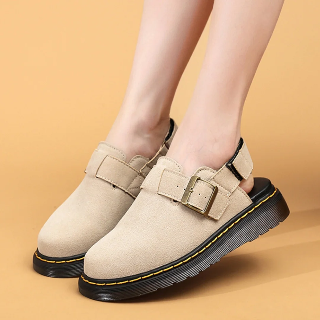 

Mules Solid Color Fabric Cloth Leather Sandals Women Men Round Toe Thick Flat Sole Metal Buckle Strap Shoes Unisex Leisure Casua