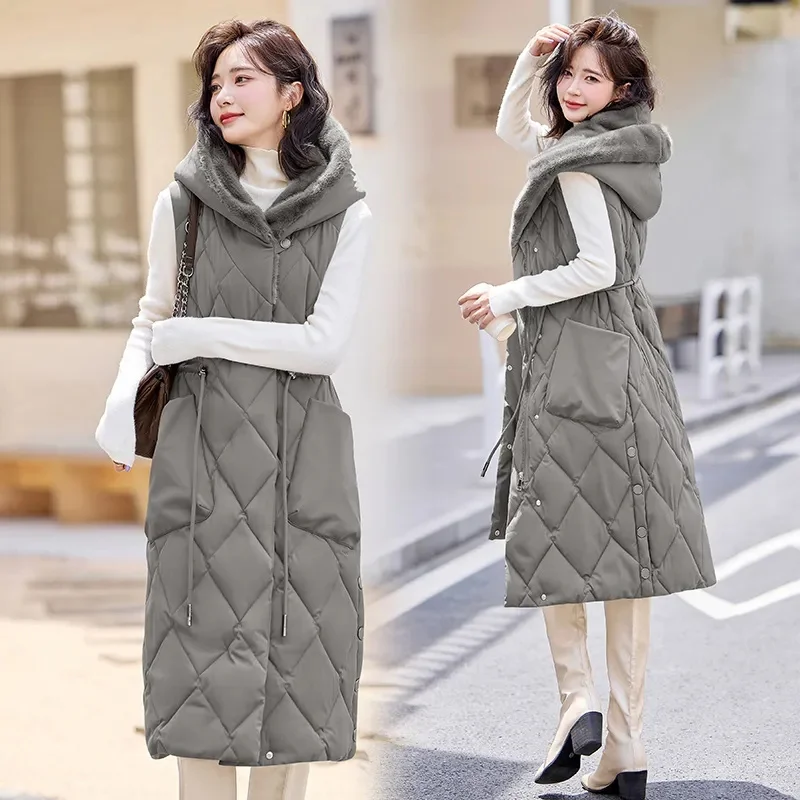 2024 Oversized Cotton Vests Sleeveless Coat Women Autumn Winter Hooded Waistcoat Puffer Parkas Long Warm Down Cotton Outwear