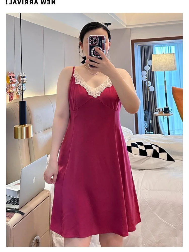 150kg Plus Size Thin Lace Splicing Nightdress Women Loose Belly Cover Sexy Halter Pajamas Oversize Knee Length Loungewear 3XL