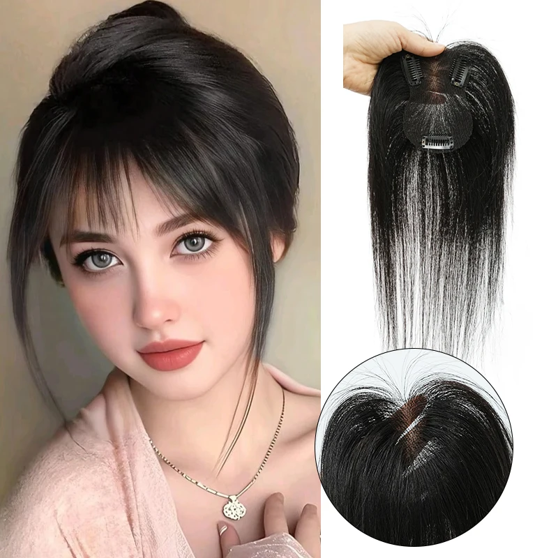 Rambut Asli 100% 7X10cm Jaring Rambut Swiss Lace Buatan Tangan Hairpiece 3 Jepit Ekstensi Rambut Topper dengan Poni Wig untuk Wanita