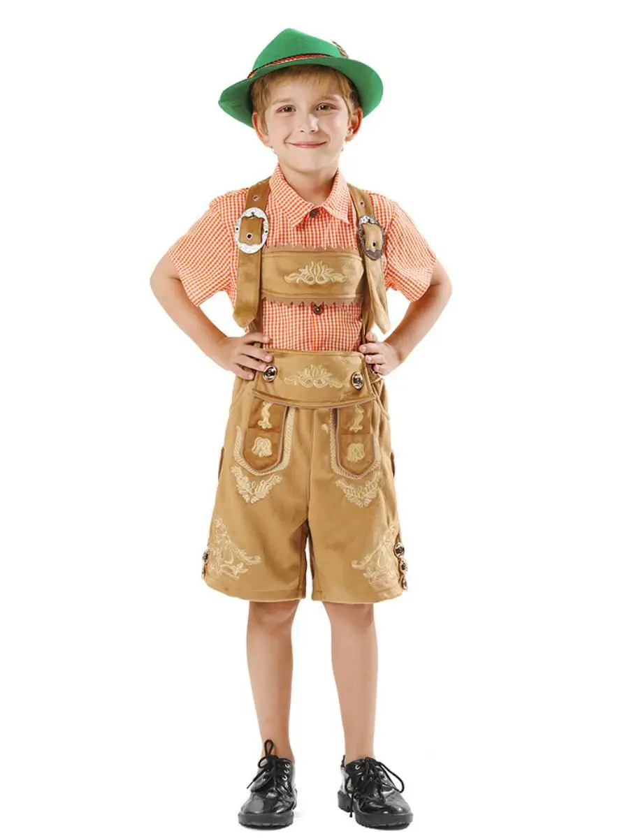 Recién llegado, conjunto de dos piezas con irt y monos a cuadros para niños, traje de Festival de Halloween y cerveza, Material de poliéster y algodón