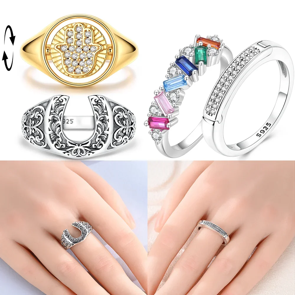 Colorful Gem Stack Ring Inlaid Shiny Crystal Silver Ring Women Jewelry Valentine's Fine Gift Vintage Carved Crystal Rings