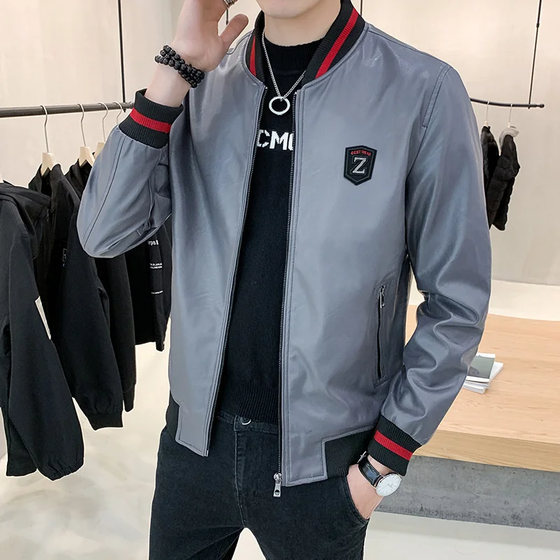 Men Leather Coat New Spring Handsome Jacket Mens Slim Pu Baseball Uniform Jackets and Coats