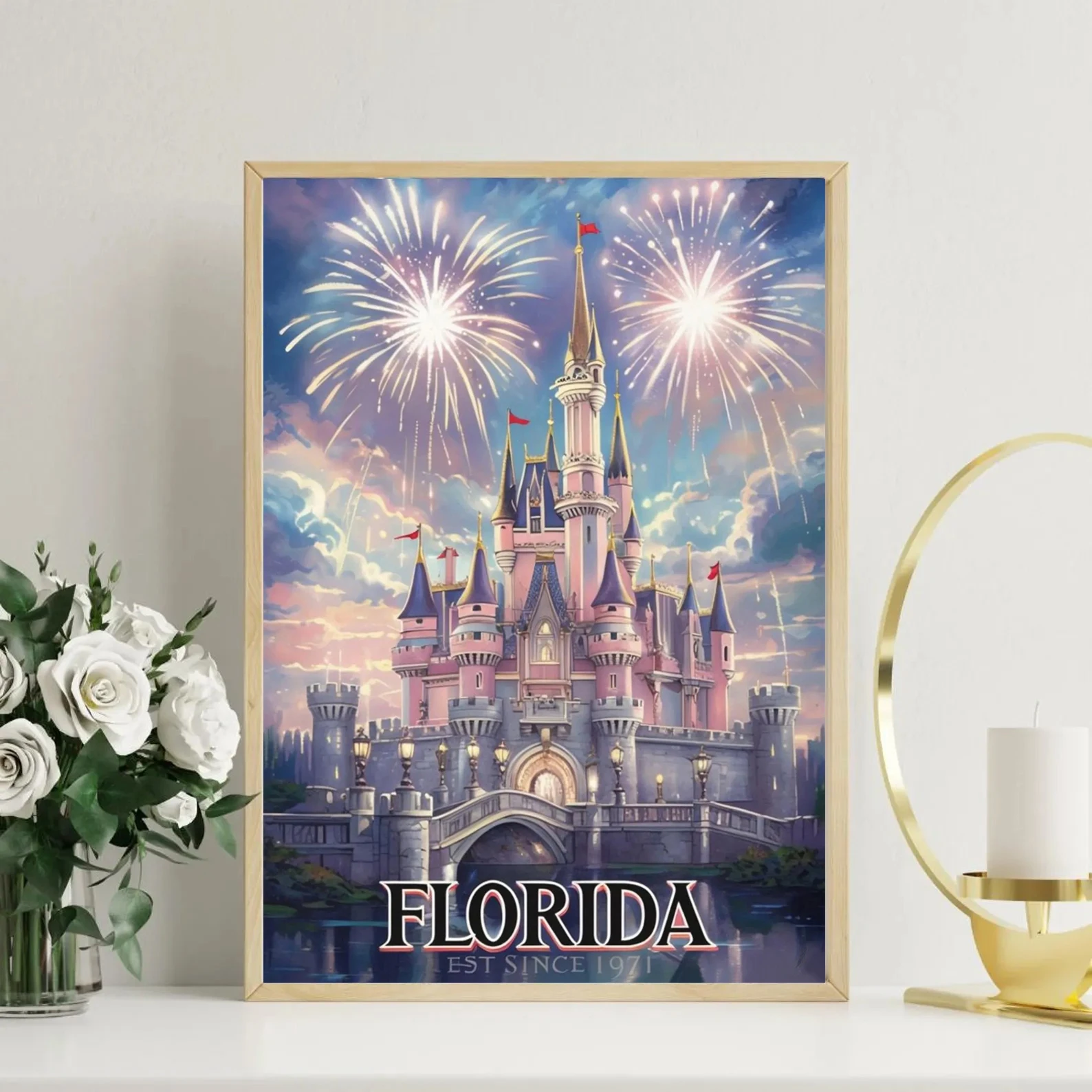 MINISO Florida Disney World Poster Florida Disneyland acuarela fuegos artificiales impresión Disney World Travel Art princesa Castillo hogar