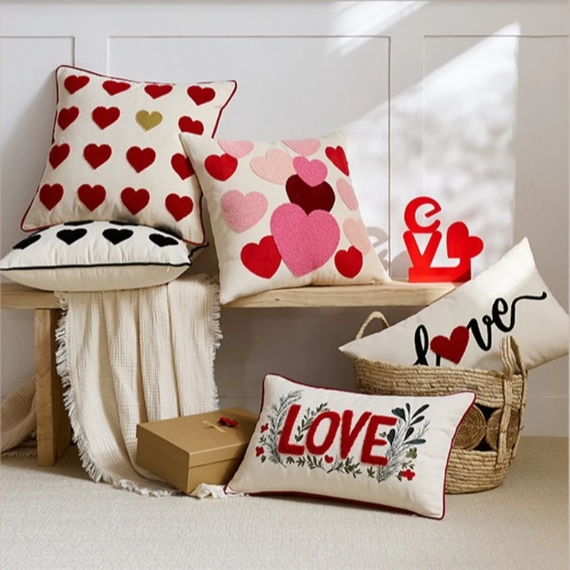 Valentine's Day Heart Tufted Cushion Cover Couple Festive LOVE Embroidered Pillow Cover Red Pink Wedding Party Home Decor